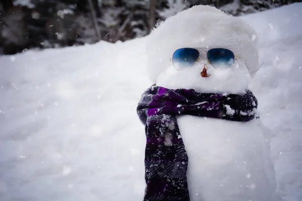Muñeco de nieve con gorra y bufanda en invierno . — Foto de Stock