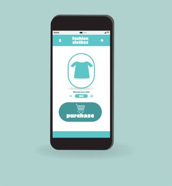 Alışveriş giysileri için uygulama ile akıllı telefonun düz vektörü