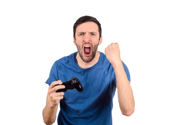 Homem jogando videogames e comemorando . — Fotografia de Stock