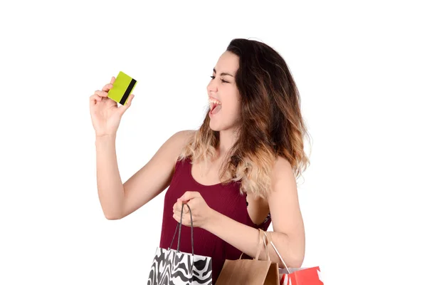 Kobieta posiadająca kartę kredytową. — Zdjęcie stockowe