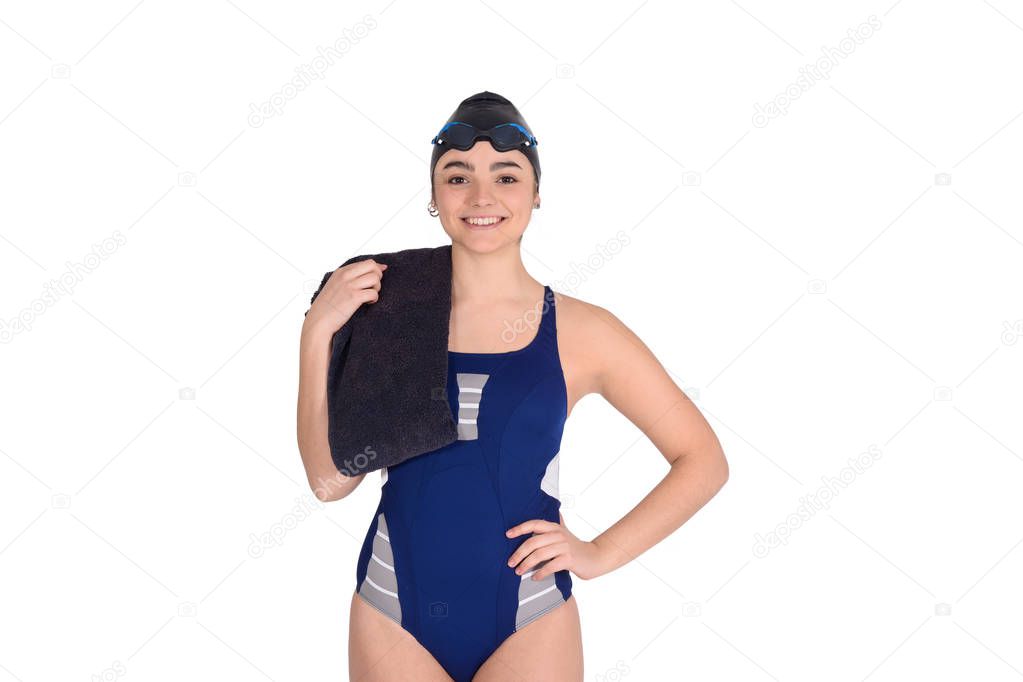 Portrait of swimmer girl in swimsuit.