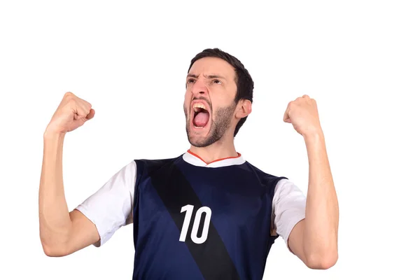 Joven en uniforme de fútbol americano gritando mientras su equipo wi —  Fotos de Stock