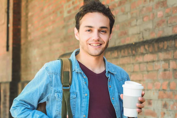 Portrait Young Man Walking Holding Cup Coffee Outdoors Street Urban — Stock Photo, Image