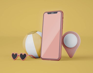 3D Illustration. Harita işaretleyicili akıllı telefon ve sarı arka planda izole edilmiş yaz plaj simgeleri. Seyahat ve tatil kavramı. Yaz gezisi.
