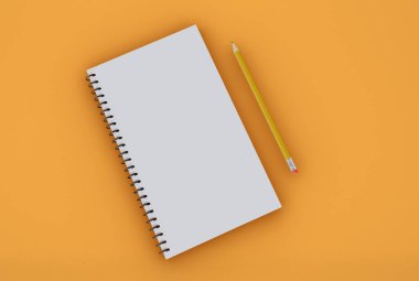 3D Illustration. Boş spiral defter modelleme şablonu ve izole arkaplanda kurşun kalem. Tasarım konsepti.
