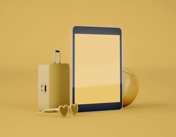3Dイラスト 黄色の背景に隔離されたスーツケースと夏のビーチアイコンとデジタルタブレット 旅行や休日の概念 夏の旅 — ストック写真
