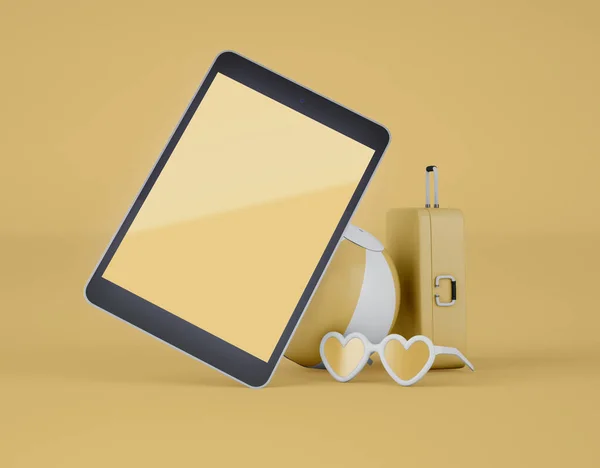 Illustration Digitales Tablet Mit Koffer Und Sommerstrandsymbolen Auf Gelbem Hintergrund — Stockfoto