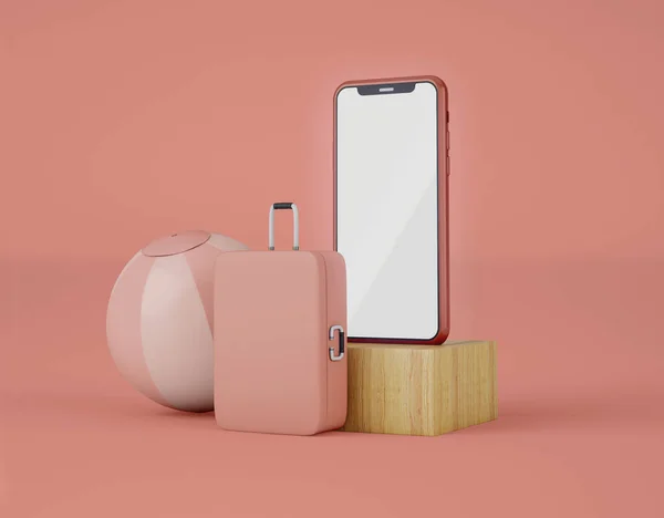 3Dイラスト ピンクの背景に隔離された旅行スーツケースとビーチボールとホワイトスクリーンのスマートフォン 旅行や休日の概念 夏の旅 — ストック写真