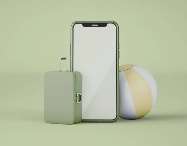Illustratie Witte Smartphone Met Reiskoffer Strandbal Geïsoleerd Groene Achtergrond Reizen — Stockfoto