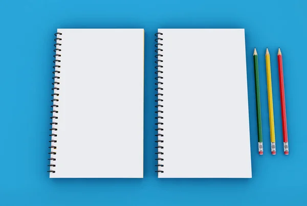 Ilustración Dos Cuadernos Espiral Vacíos Blanco Maqueta Plantilla Con Lápices —  Fotos de Stock