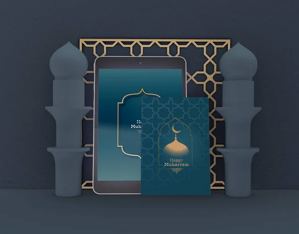 3D Illustration. Eid mubarak. Celebration of muslims community. Traditional islamic holiday. Digital tablet and greeting card.