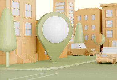 3D Illustration. Harita işaretli çizgi film şehri. GPS navigasyon konsepti. Şehir navigasyonu.