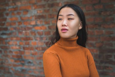 Kendine güvenen ve tuğla duvar arkasında duran genç, güzel Asyalı bir kadına yakından bakın..