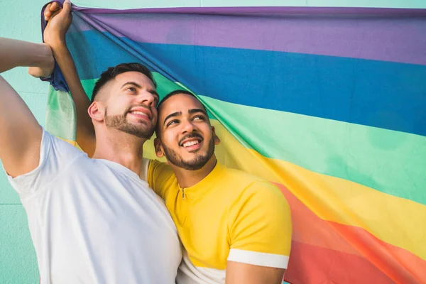 Portrait Young Gay Couple Embracing Showing Love Rainbow Flag Street — Stock Photo, Image