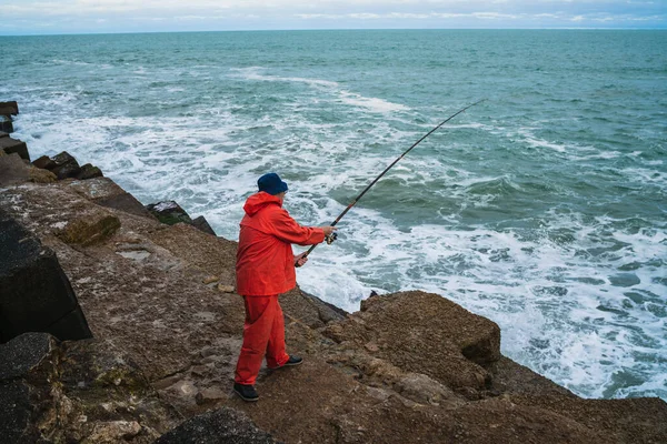 Portret Van Een Oude Man Die Zee Vist Visserijconcept — Stockfoto