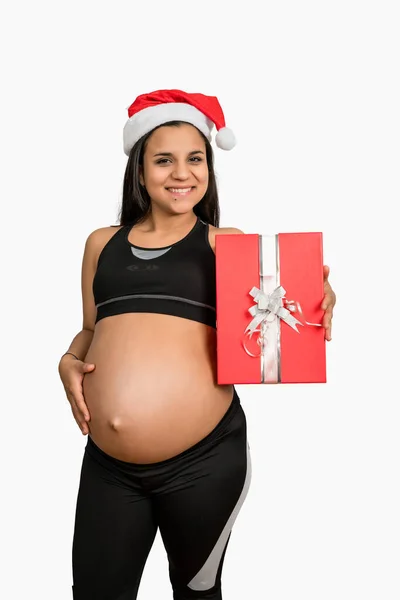 Primo Piano Una Donna Incinta Con Mano Una Confezione Regalo — Foto Stock