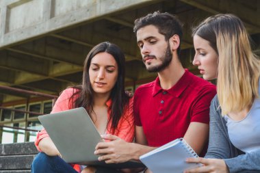 Üniversite öğrencilerinin birlikte okudukları ve dışarıda üniversite kampüsünde dizüstü bilgisayar kullandıkları portre. Eğitim kavramı