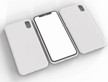 3D Illustration. Beyaz ekranlı akıllı telefonun bir kopyası ve izole edilmiş arka planda boş telefon kılıfı. Şablon tasarımınız için hazır. Teknoloji konsepti.