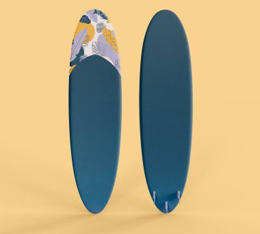 3D Illustration. İzole edilmiş sarı arka planda iki modern sörf tahtası. Su sporları konsepti.