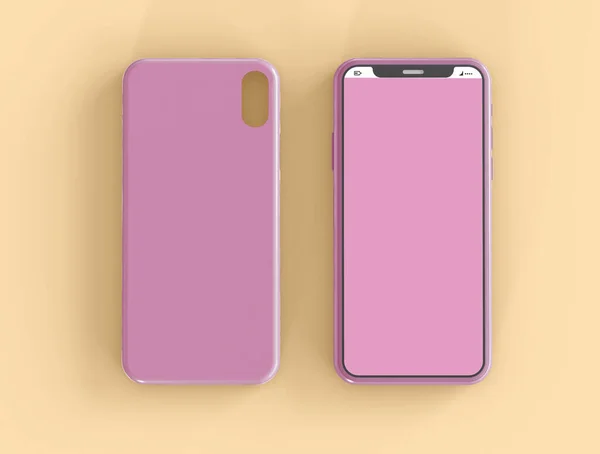 3D Illustration. Mockup of smartphone with pink screen and blank phone case on isolated background. Template ready for your design.. Technology concept.