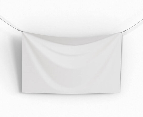 3d Illustration. Blank white hanging banner flag mockup. Horizontal flag banner. Advertising and brand identity concept.