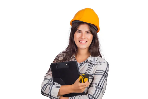 Retrato Jovem Bela Arquiteta Mulher Vestindo Capacete Construção Segurando Pastas — Fotografia de Stock