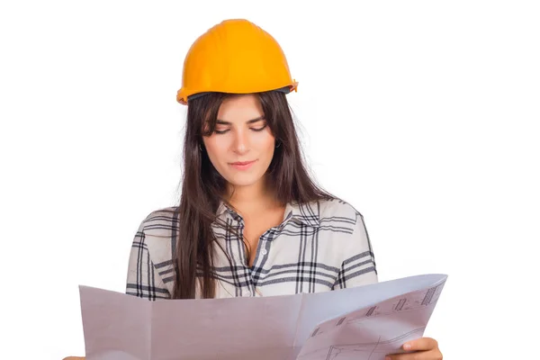 Retrato Jovem Bela Arquiteta Mulher Vestindo Capacete Construção Segurando Planta — Fotografia de Stock