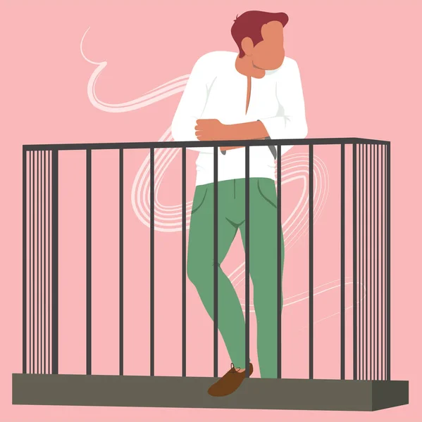 Vector Illustration Man Character Standing Balcony Home Social Isolation Coronavirus — Stock Vector