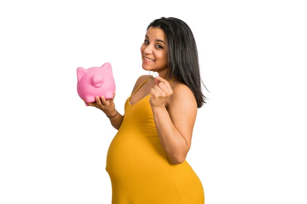 Retrato Una Joven Embarazada Sosteniendo Una Alcancía Ahorrando Dinero Bebé —  Fotos de Stock