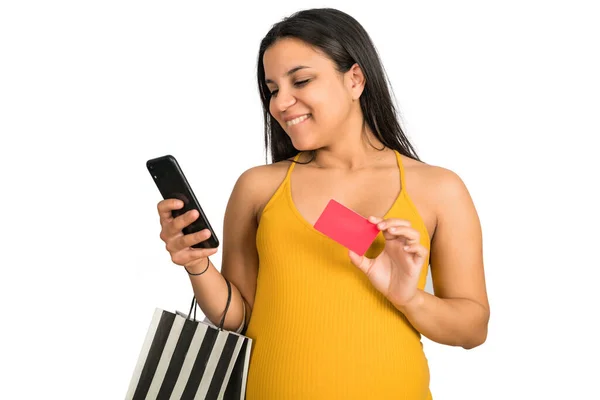 Retrato Mujer Embarazada Usando Tarjeta Crédito Teléfono Móvil Para Compras —  Fotos de Stock