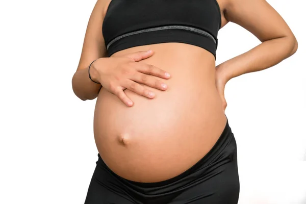 Nahaufnahme Einer Schwangeren Frau Die Ihren Dicken Bauch Berührt Schwangerschaft — Stockfoto