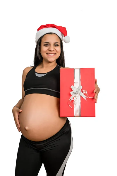 Közelkép Egy Terhes Nőről Aki Karácsonyi Ajándékdobozt Tart Kezében Terhesség — Stock Fotó