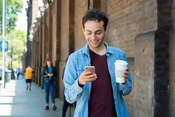 Portrait Young Man Using His Mobile Phone Outdoors Street Communication — Stock Photo, Image