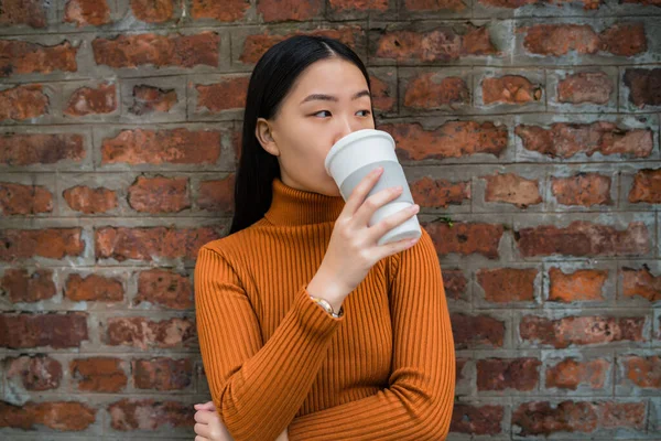 Portrait Young Asian Woman Drinking Cup Coffee Brick Wall Urban — Stock Photo, Image