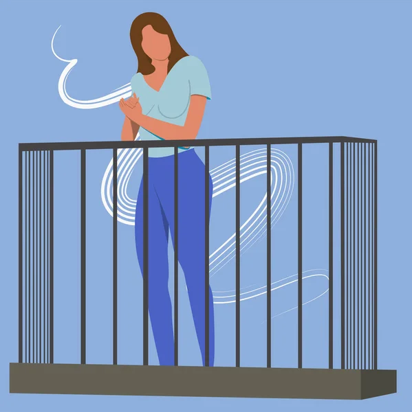 Ilustracja Wektora Kobieta Stojąca Balkonie Domu Izolacja Społeczna Podczas Pandemii — Wektor stockowy