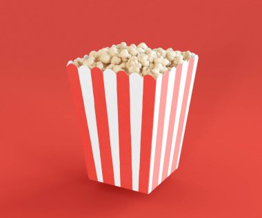 3D Illustration. Kırmızı arka planda kırmızı çizgili kovada patlamış mısır. Eğlence kutusu. Şeker konsepti. Sinema atıştırması.