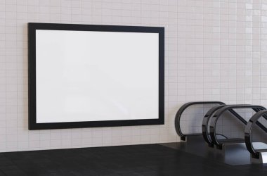 3D Illustration. Metro istasyonundaki boş yatay ilan panosunun maketi. Reklam ve markalaşma konsepti.