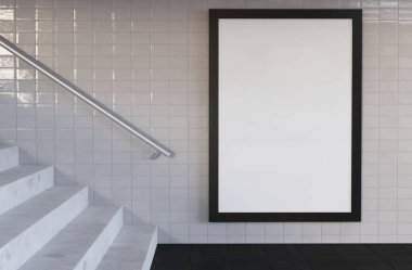 3D Illustration. Metro istasyonundaki boş reklam panosu posterinin bir kopyası. Reklam ve markalaşma konsepti.