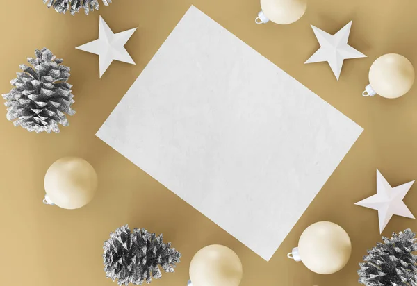 3Dイラスト クリスマスオーナメント付きの空白の紙 あなたのデザインのためのクリスマスカードテンプレート メリークリスマスとハッピーニューイヤーのコンセプト — ストック写真