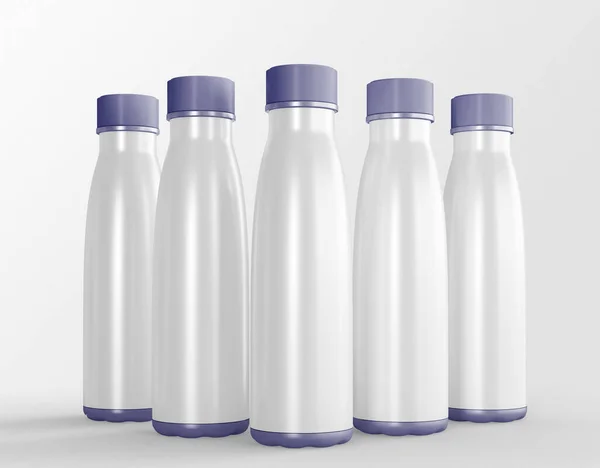 3D说明 一套空的金属运动水瓶在孤立的白色背景上模拟 运动饮料概念 — 图库照片