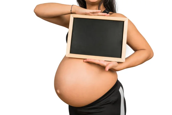 Primo Piano Della Donna Incinta Che Tiene Mano Mostra Qualcosa — Foto Stock