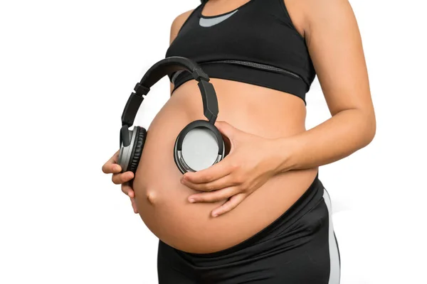 Retrato Mulher Grávida Segurando Fones Ouvido Barriga Conceito Gravidez Maternidade — Fotografia de Stock