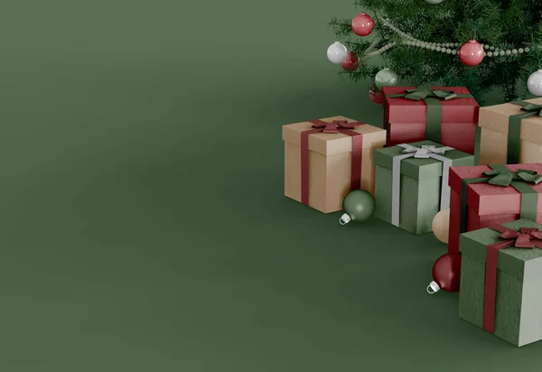 Illustrazione Decorazione Dell Albero Natale Con Scatole Regalo Sfondo Verde — Foto Stock