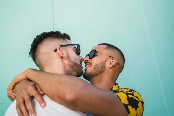 Portrait Happy Gay Couple Hugging Kissing Street Lgbt Love Concept — Stock Photo, Image