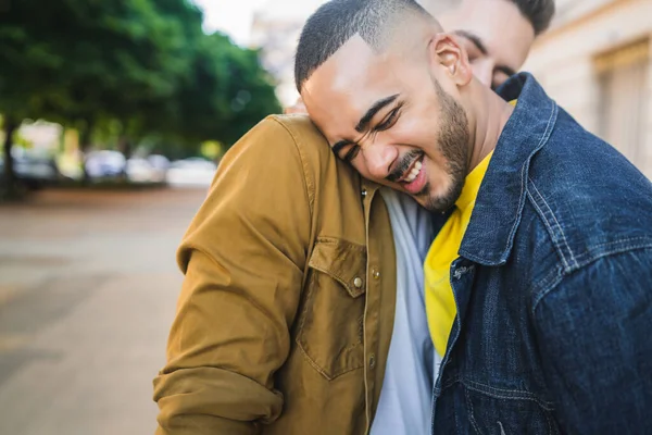 Portrait Happy Gay Couple Spending Time Together Hugging Street Lgbt — Stock Photo, Image