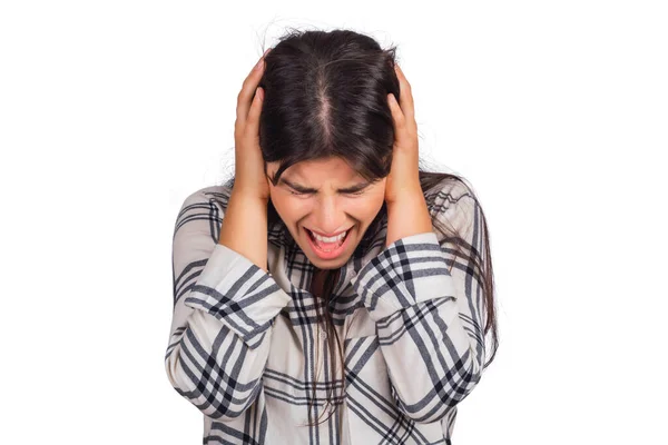 Portrait Une Jeune Femme Stressée Souffrant Maux Tête Studio Tétras — Photo