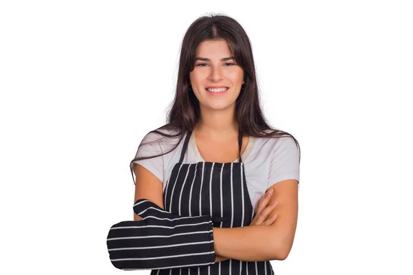Портрет Красивої Жінки Шеф Кухаря Смугастому Фартусі Тримає Кухонне Начиння — стокове фото