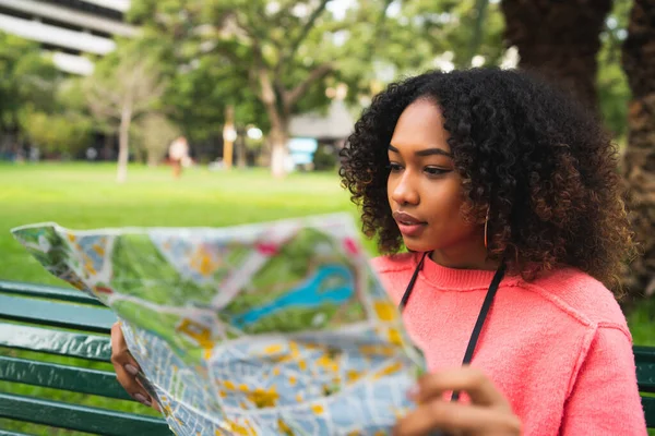 Portrait Young Beautiful Afro American Woman Sitting Bench Park Looking — Stock Photo, Image