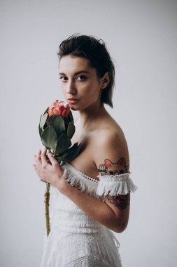 ışık arka plan üzerinde kameraya bakan ve elinde egzotik çiçek tutan kadın portresi  