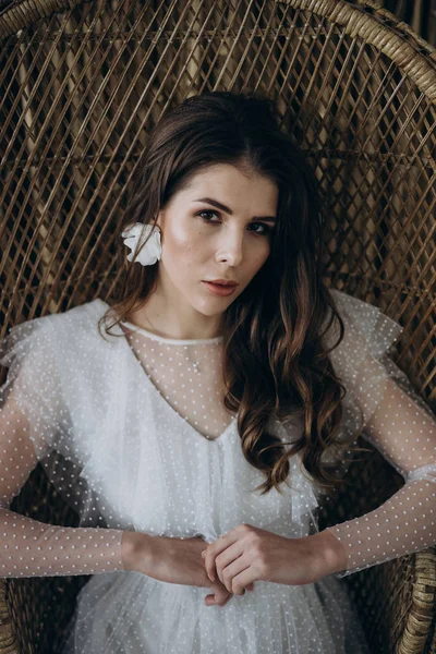 Portrait Young Woman White Dress Sitting Chair Studio Shot — Stock Photo, Image